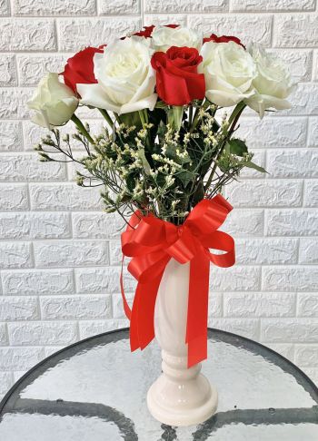 XX (9-35) Fresh Red and White Chinese Roses with Filler in Vase